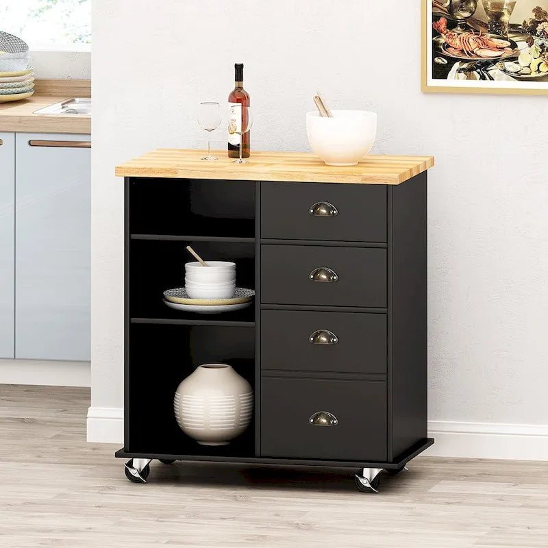 Îlot de cuisine sur roulettes avec porte, 2 tiroirs, 3 étagères, table de cuisine roulante de 80 cm de large avec meuble de rangement