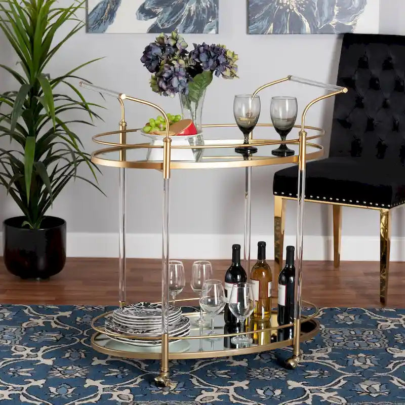 Dessertes à roulettes à 2 étages en métal doré et verre miroir - Style glamour