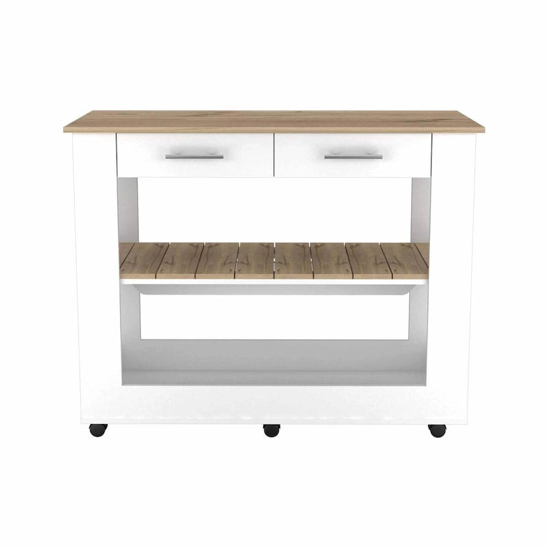 Îlot de cuisine en chêne clair et blanc avec étagères coulissantes et roulettes - 20 x 40 x 20