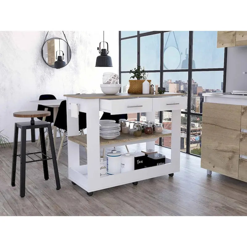 Îlot de cuisine en chêne clair et blanc avec étagères coulissantes et roulettes - 20 x 40 x 20