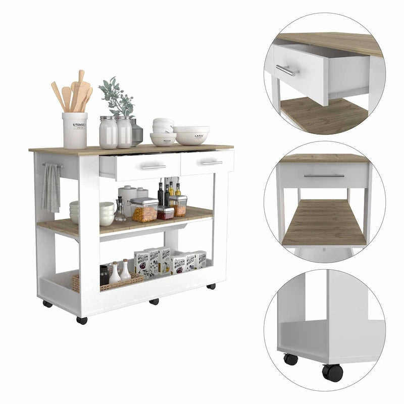 Îlot de cuisine en chêne clair et blanc avec étagères coulissantes et roulettes - 20 x 40 x 20