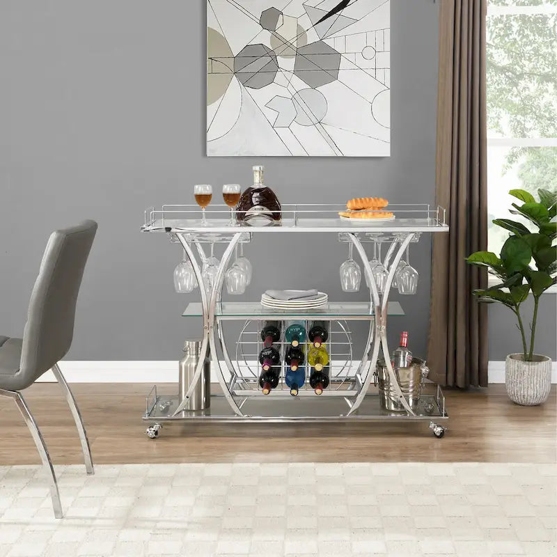 Desserte de bar avec casier à vin Cadre en métal Verre trempé Rangement pour le vin