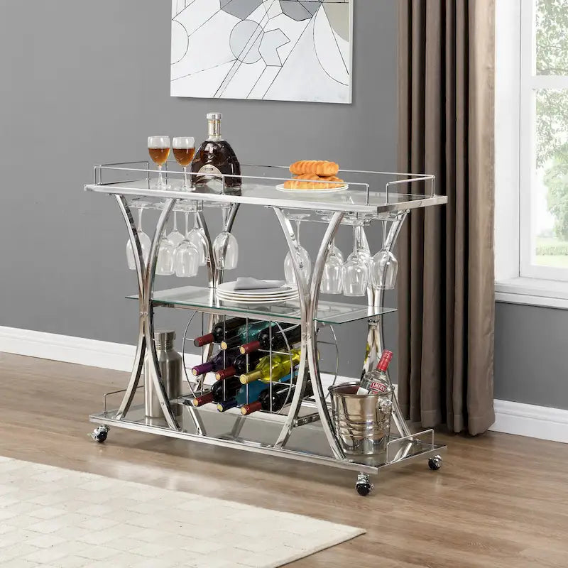 Desserte de bar avec casier à vin Cadre en métal Verre trempé Rangement pour le vin
