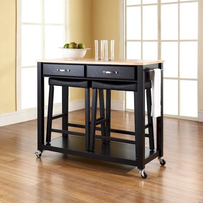 Chariot de cuisine noir avec plateau en bois et ensemble de 2 tabourets de bar rembourrés de 61 cm – 17P x 43L x 35H