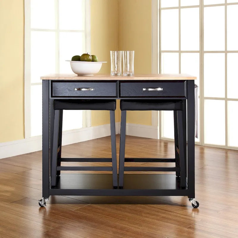 Chariot de cuisine noir avec plateau en bois et ensemble de 2 tabourets de bar rembourrés de 61 cm – 17P x 43L x 35H