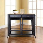 Chariot de cuisine noir avec plateau en bois et ensemble de 2 tabourets de bar rembourrés de 61 cm – 17P x 43L x 35H