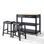 Chariot de cuisine noir avec plateau en bois et ensemble de 2 tabourets de bar rembourrés de 61 cm – 17P x 43L x 35H