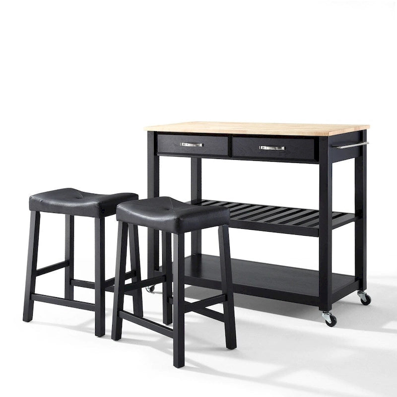 Chariot de cuisine noir avec plateau en bois et ensemble de 2 tabourets de bar rembourrés de 61 cm – 17P x 43L x 35H