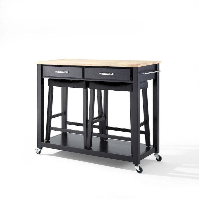 Chariot de cuisine noir avec plateau en bois et ensemble de 2 tabourets de bar rembourrés de 61 cm – 17P x 43L x 35H