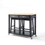 Chariot de cuisine noir avec plateau en bois et ensemble de 2 tabourets de bar rembourrés de 61 cm – 17P x 43L x 35H