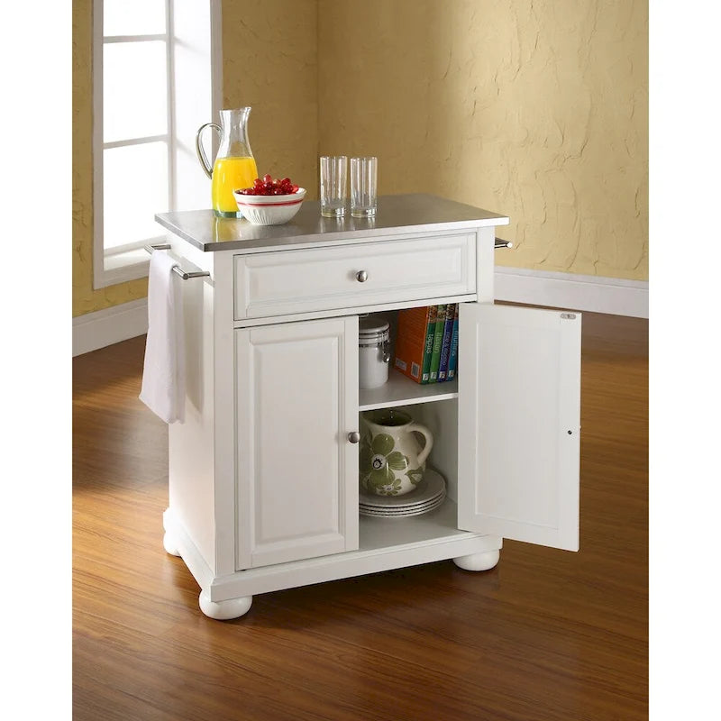 Îlot de cuisine portable en bois blanc avec plateau en acier inoxydable - 31W x 18D