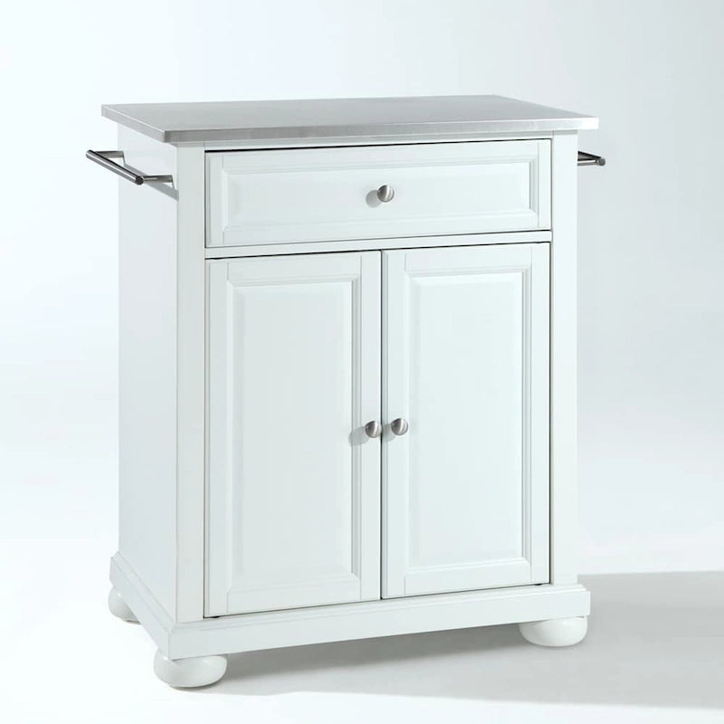 Îlot de cuisine portable en bois blanc avec plateau en acier inoxydable - 31W x 18D