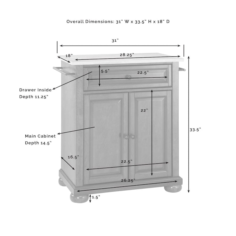 Îlot de cuisine portable en bois blanc avec plateau en acier inoxydable - 31W x 18D