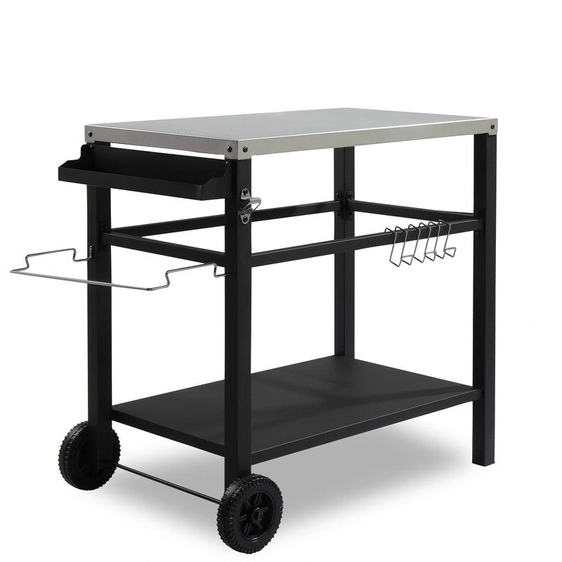 Chariot de barbecue mobile, table de préparation d'aliments avec deux roues et crochets - N/A