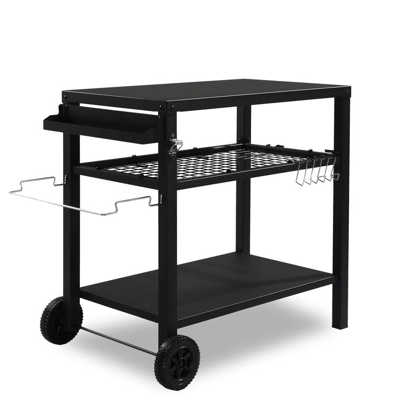 Chariot de barbecue mobile, table de préparation d'aliments avec deux roues et crochets - N/A