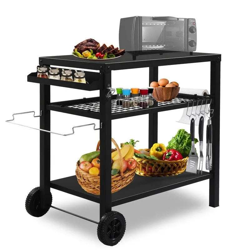 Chariot de barbecue mobile, table de préparation d'aliments avec deux roues et crochets - N/A