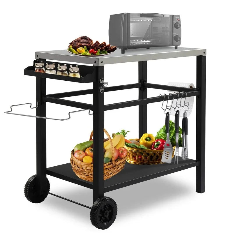 Chariot de barbecue mobile, table de préparation d'aliments avec deux roues et crochets - N/A