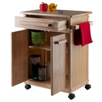 Chariot de cuisine roulant au fini naturel avec armoire, tiroir et porte-serviettes