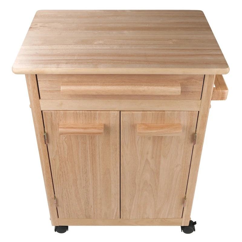 Chariot de cuisine roulant au fini naturel avec armoire, tiroir et porte-serviettes