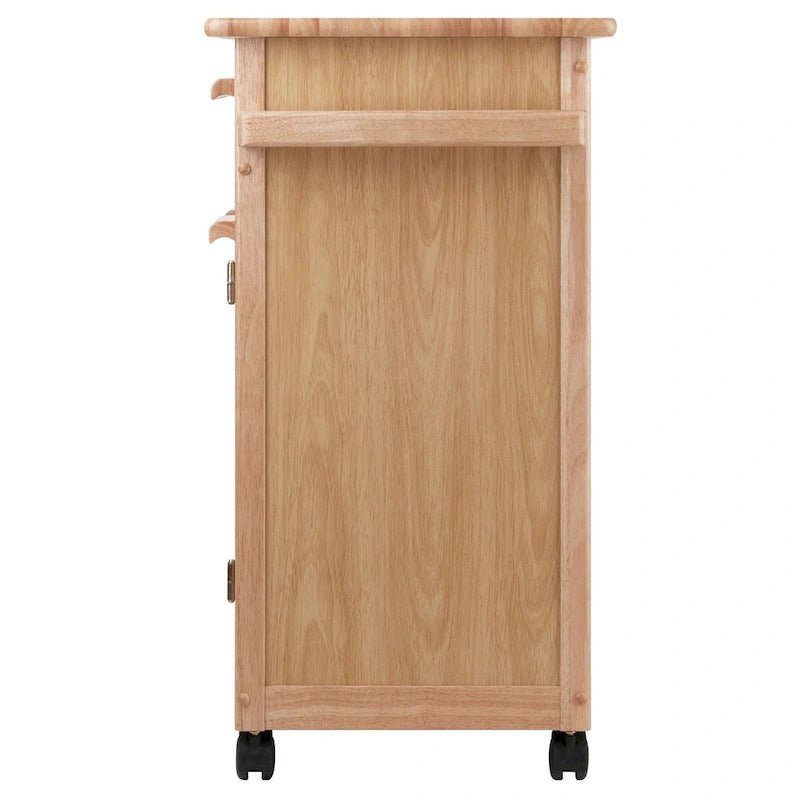 Chariot de cuisine roulant au fini naturel avec armoire, tiroir et porte-serviettes
