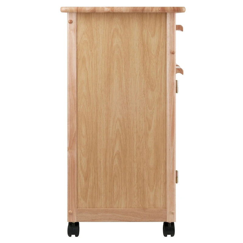 Chariot de cuisine roulant au fini naturel avec armoire, tiroir et porte-serviettes
