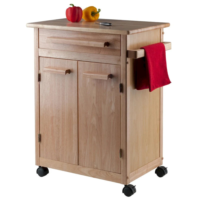 Chariot de cuisine roulant au fini naturel avec armoire, tiroir et porte-serviettes