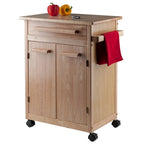 Chariot de cuisine roulant au fini naturel avec armoire, tiroir et porte-serviettes