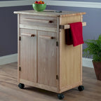 Chariot de cuisine roulant au fini naturel avec armoire, tiroir et porte-serviettes