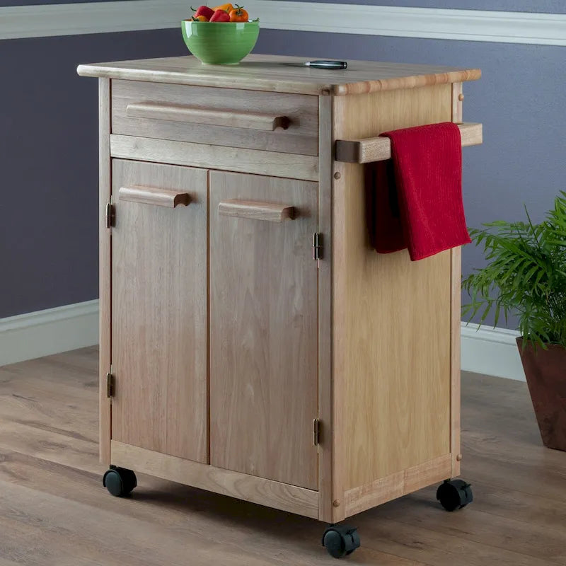 Chariot de cuisine roulant au fini naturel avec armoire, tiroir et porte-serviettes