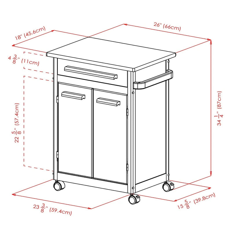 Chariot de cuisine roulant au fini naturel avec armoire, tiroir et porte-serviettes