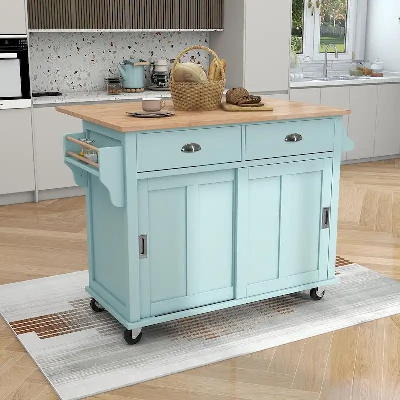 Chariot de cuisine pliant en bois d'hévéa avec 2 tiroirs et un placard de rangement