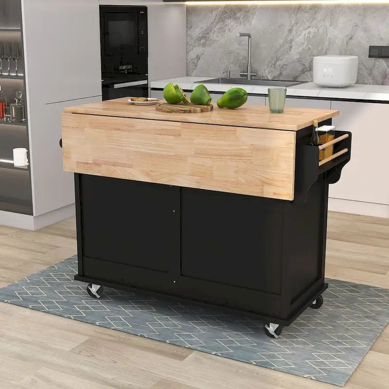 Chariot de cuisine pliant en bois d'hévéa avec 2 tiroirs et un placard de rangement