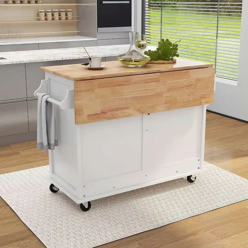 Chariot de cuisine pliant en bois d'hévéa avec 2 tiroirs et un placard de rangement