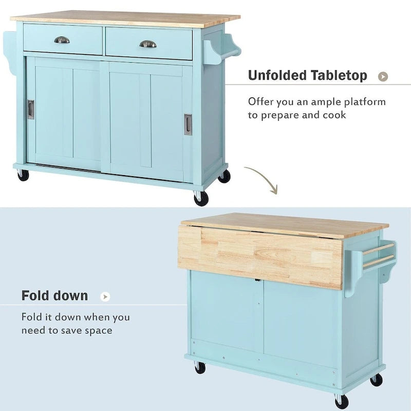 Chariot de cuisine pliant en bois d'hévéa avec 2 tiroirs et un placard de rangement