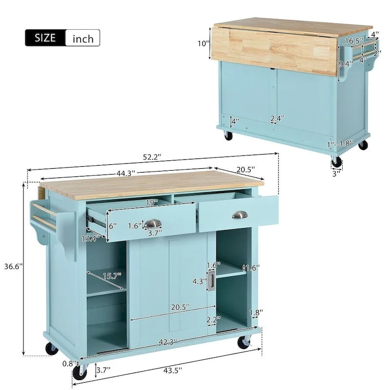 Chariot de cuisine pliant en bois d'hévéa avec 2 tiroirs et un placard de rangement