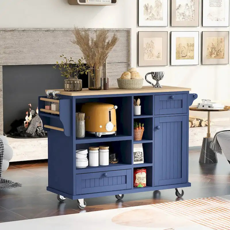 Chariot de cuisine avec placard de rangement et deux roues verrouillables, plateau en bois, meuble micro-ondes, buffet de serveur autoportant