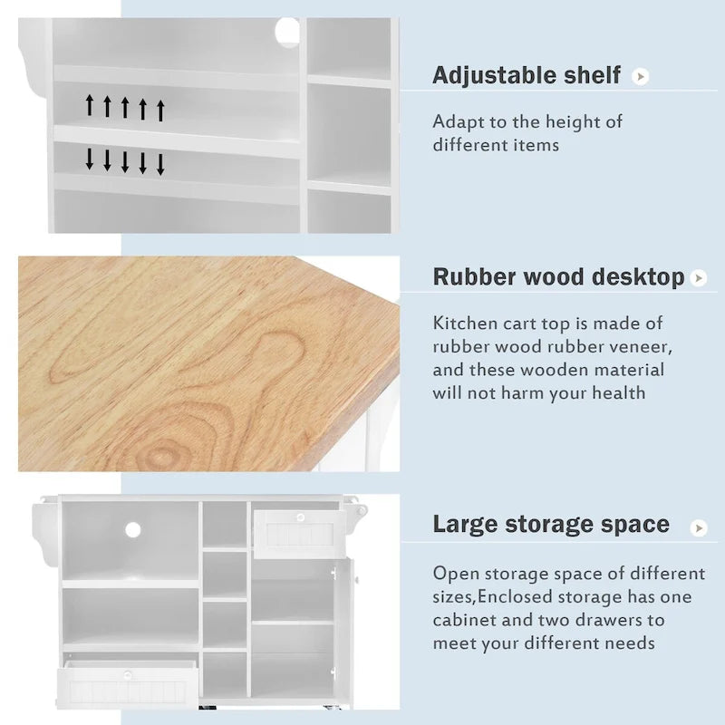 Chariot de cuisine avec placard de rangement et deux roues verrouillables, plateau en bois, meuble micro-ondes, buffet de serveur autoportant
