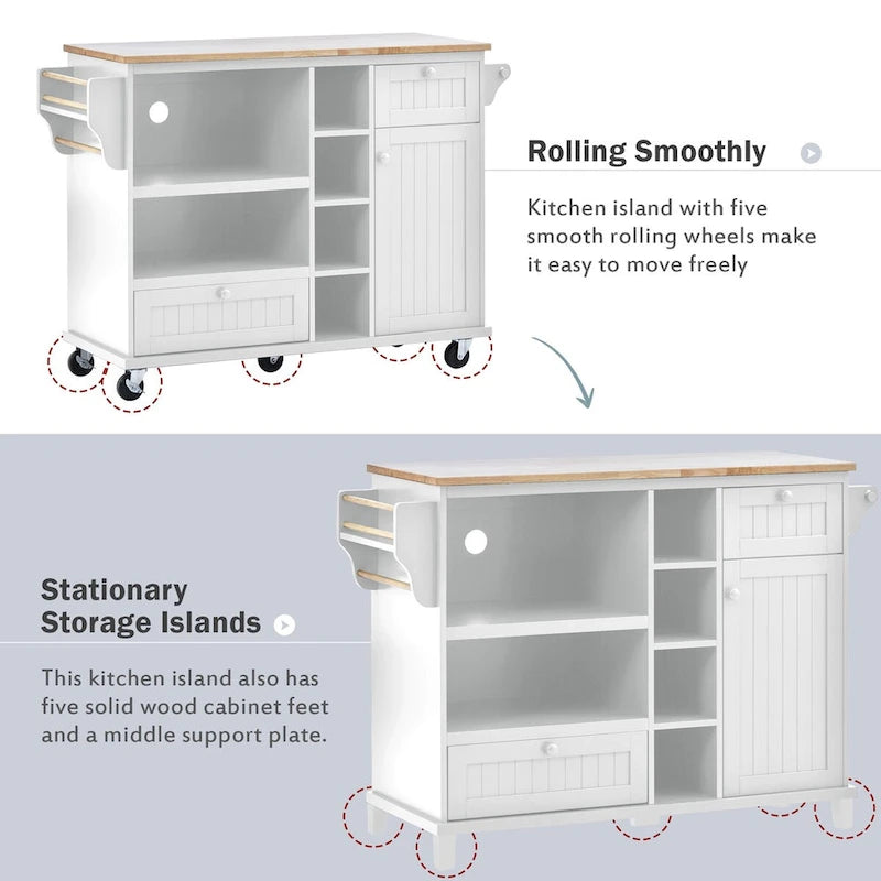 Chariot de cuisine avec placard de rangement et deux roues verrouillables, plateau en bois, meuble micro-ondes, buffet de serveur autoportant