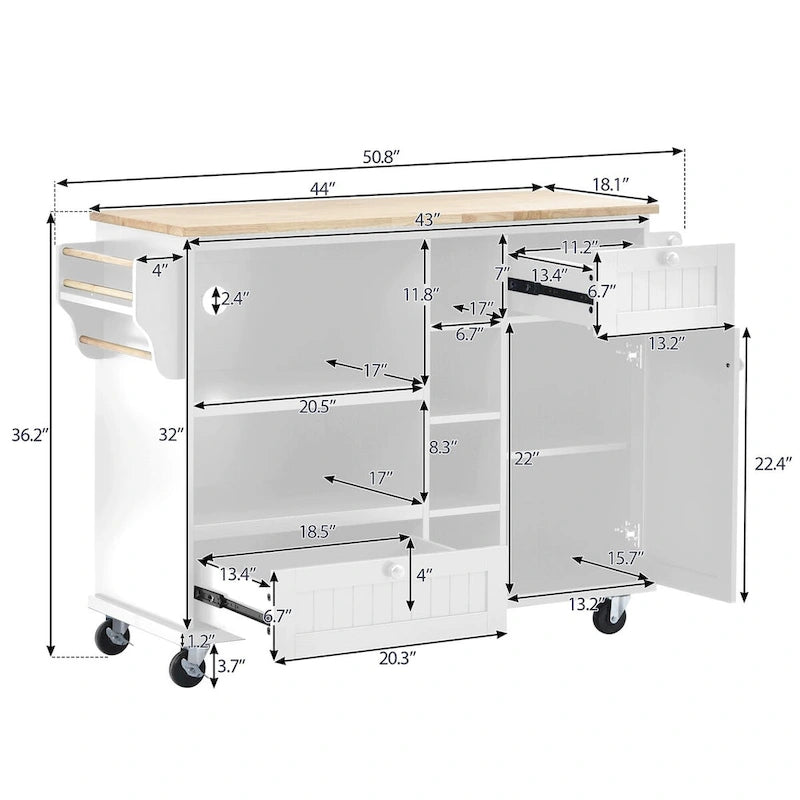 Chariot de cuisine avec placard de rangement et deux roues verrouillables, plateau en bois, meuble micro-ondes, buffet de serveur autoportant