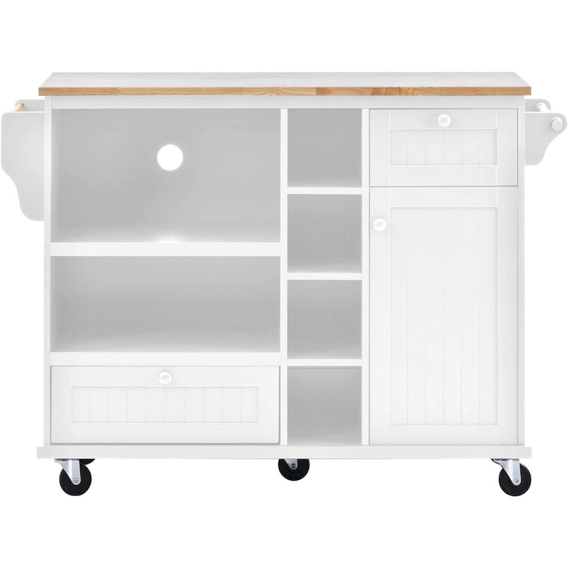 Chariot de cuisine avec placard de rangement et deux roues verrouillables, plateau en bois, meuble micro-ondes, buffet de serveur autoportant