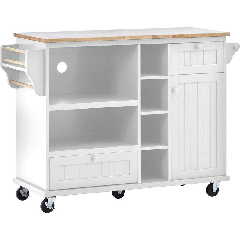 Chariot de cuisine avec placard de rangement et deux roues verrouillables, plateau en bois, meuble micro-ondes, buffet de serveur autoportant