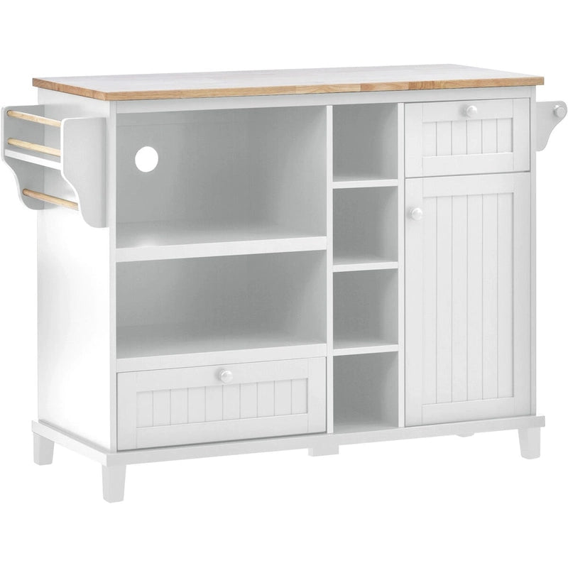 Chariot de cuisine avec placard de rangement et deux roues verrouillables, plateau en bois, meuble micro-ondes, buffet de serveur autoportant