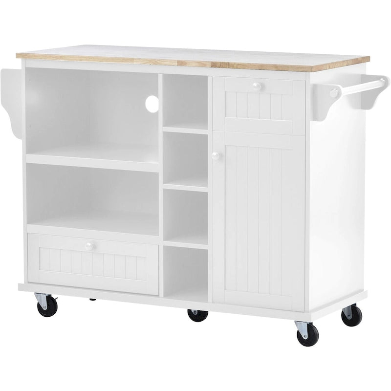 Chariot de cuisine avec placard de rangement et deux roues verrouillables, plateau en bois, meuble micro-ondes, buffet de serveur autoportant