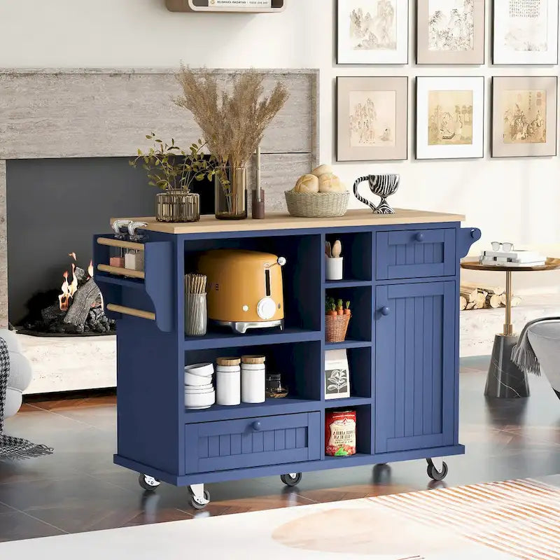 Chariot de cuisine avec placard de rangement et deux roues verrouillables, plateau en bois, meuble micro-ondes, buffet de serveur autoportant