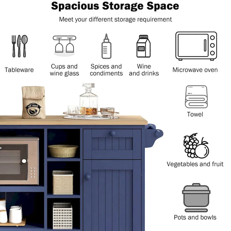 Chariot de cuisine avec placard de rangement et deux roues verrouillables, plateau en bois, meuble micro-ondes, buffet de serveur autoportant
