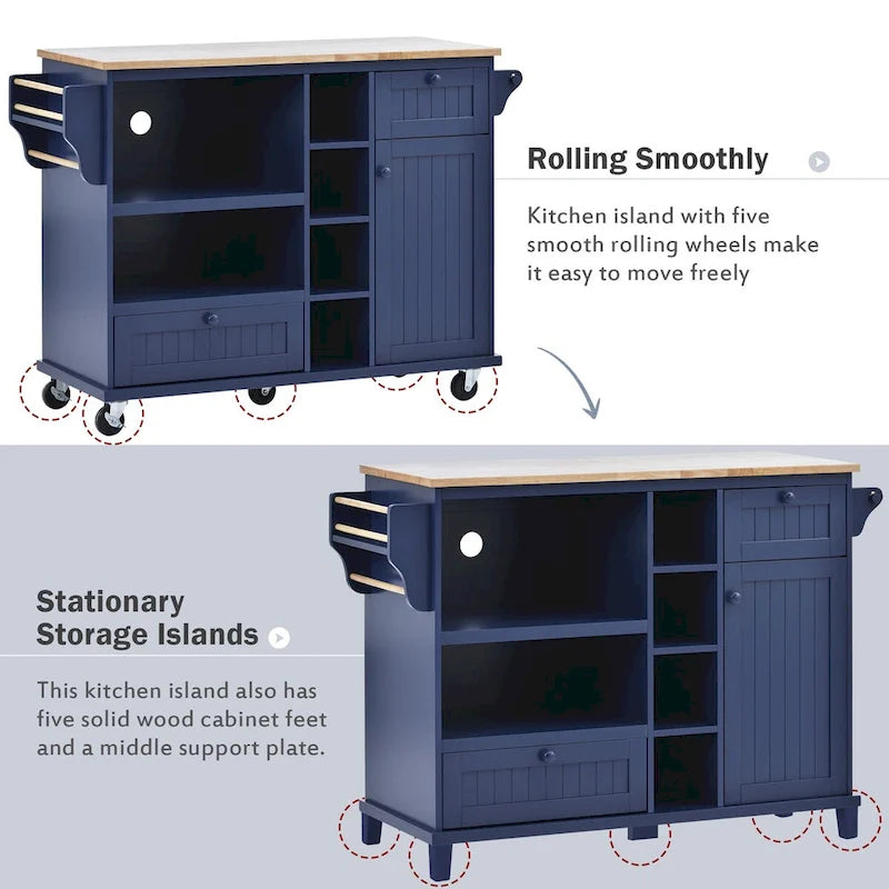 Chariot de cuisine avec placard de rangement et deux roues verrouillables, plateau en bois, meuble micro-ondes, buffet de serveur autoportant