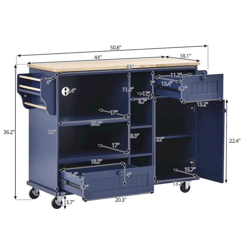 Chariot de cuisine avec placard de rangement et deux roues verrouillables, plateau en bois, meuble micro-ondes, buffet de serveur autoportant