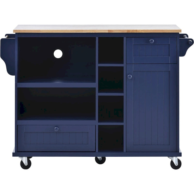 Chariot de cuisine avec placard de rangement et deux roues verrouillables, plateau en bois, meuble micro-ondes, buffet de serveur autoportant
