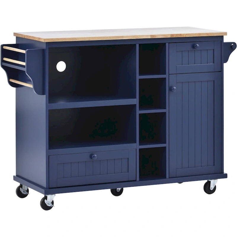 Chariot de cuisine avec placard de rangement et deux roues verrouillables, plateau en bois, meuble micro-ondes, buffet de serveur autoportant