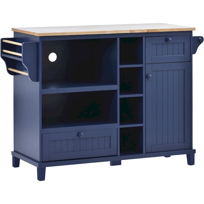 Chariot de cuisine avec placard de rangement et deux roues verrouillables, plateau en bois, meuble micro-ondes, buffet de serveur autoportant